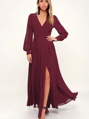 Lulus My Whole Heart Burgundy Long Sleeve Wrap Maxi Dress Size Small